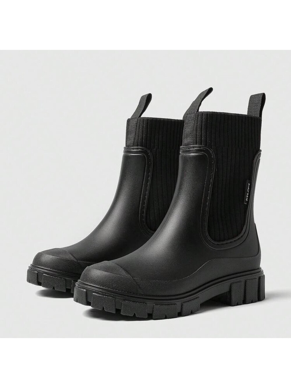 Black Rain Boots Women Chelsea Sock Knit Waterproof Chunky Sole US 8 EU 39